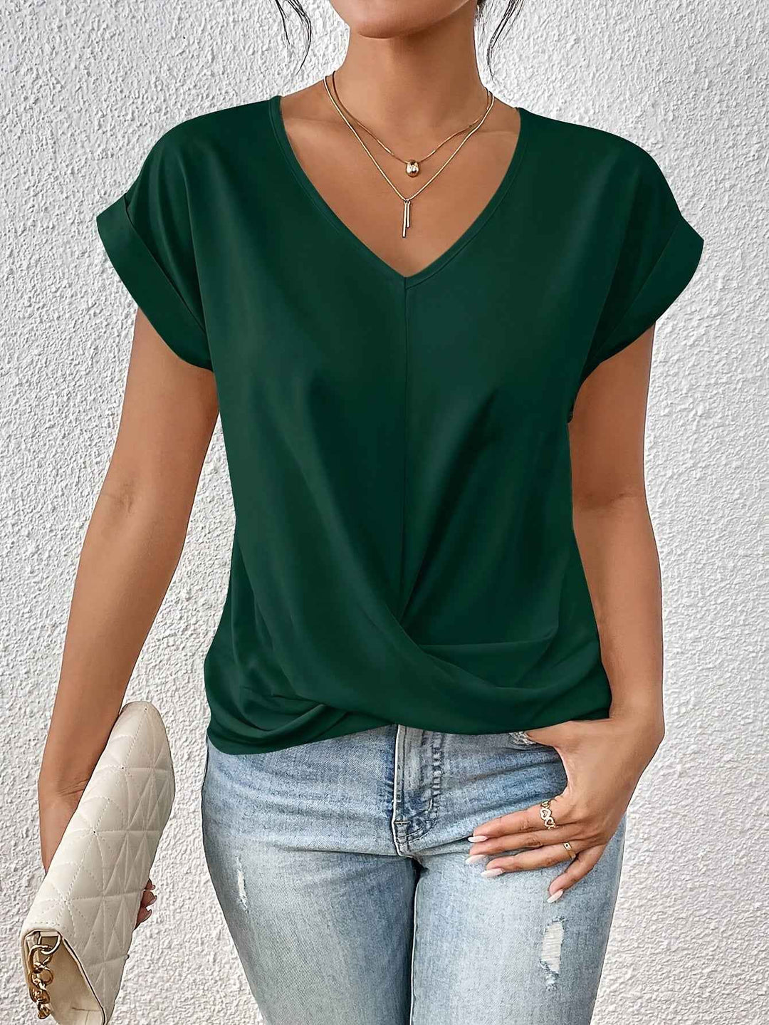 Women's Elegant V-Neck Draped Blouse Green