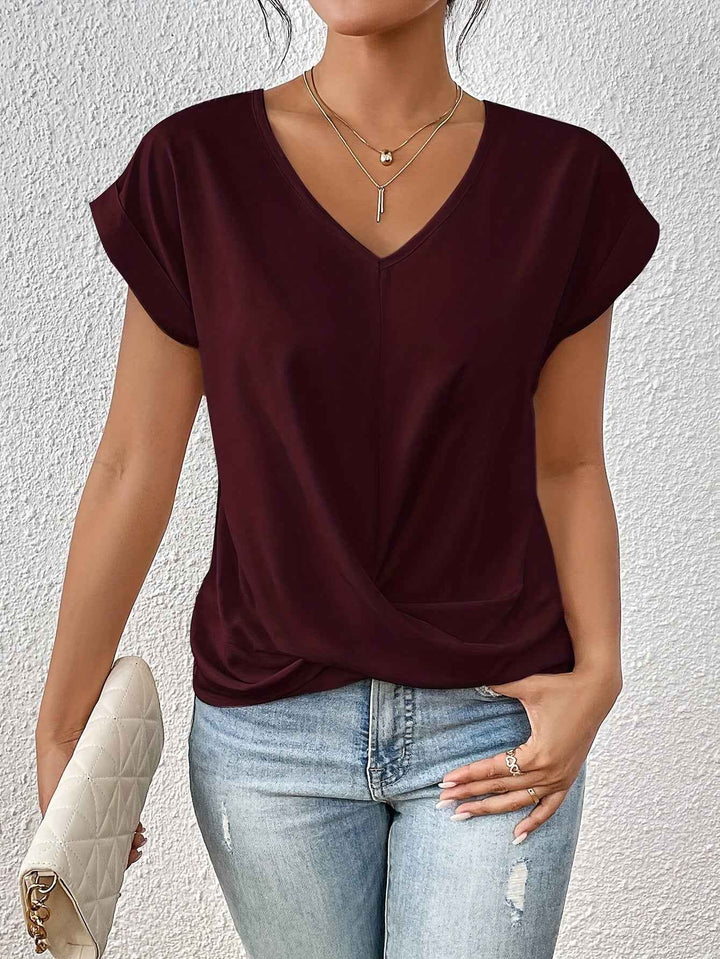 Women's Elegant V-Neck Draped Blouse Burgundy