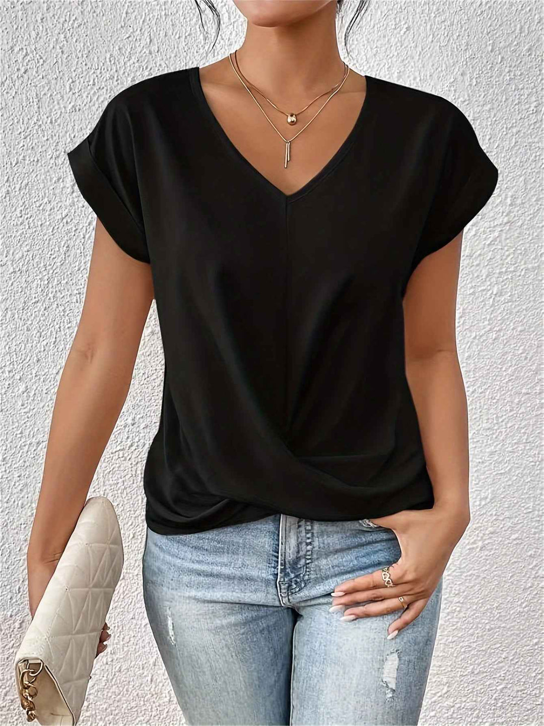 Women's Elegant V-Neck Draped Blouse Black