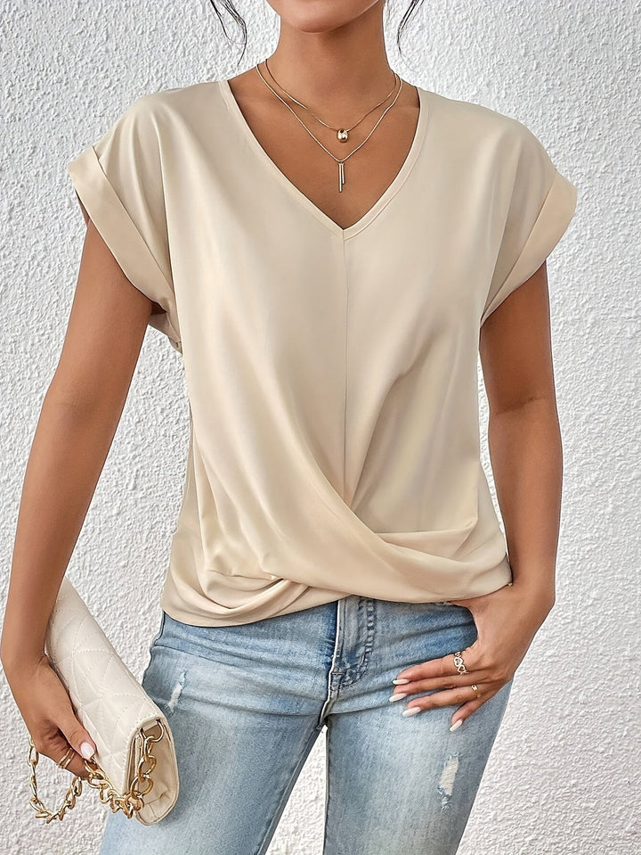 Women's Elegant V-Neck Draped Blouse Apricot