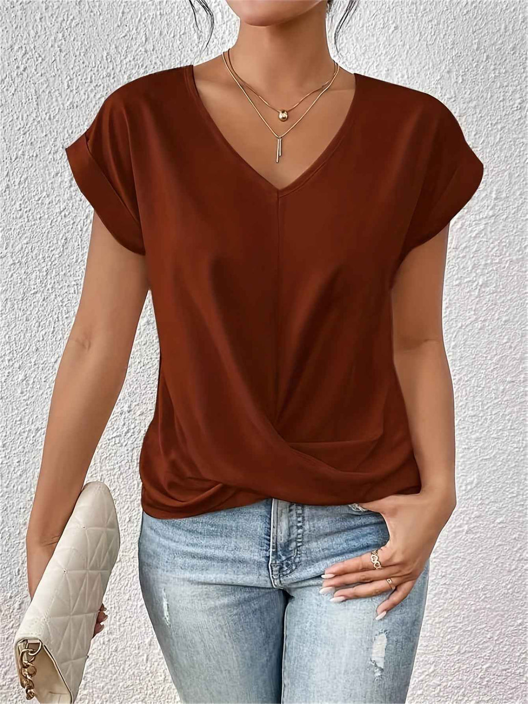 Women's Elegant V-Neck Draped Blouse Red