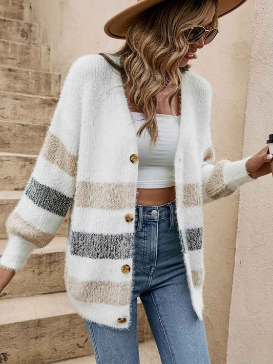 Women's Striped Longline Cardigan with Button-Up Closure White