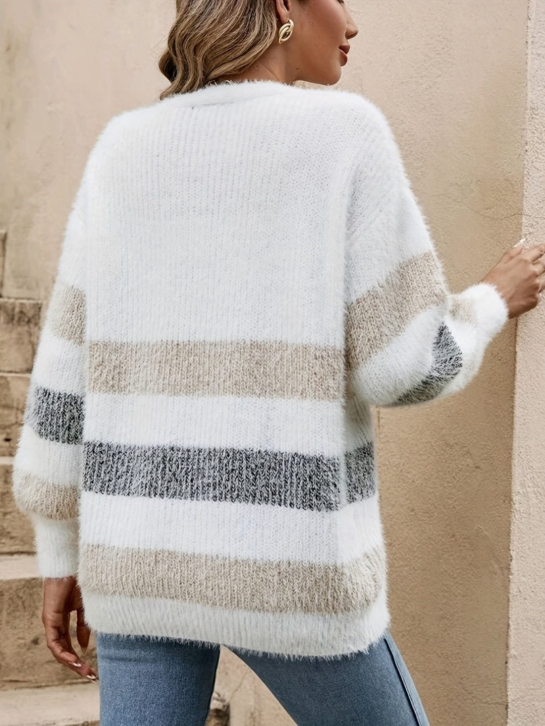 Women's Striped Longline Cardigan with Button-Up Closure