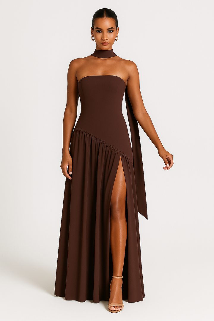 Deborah | Elegant Strapless Dress with High Slit for Women Brown