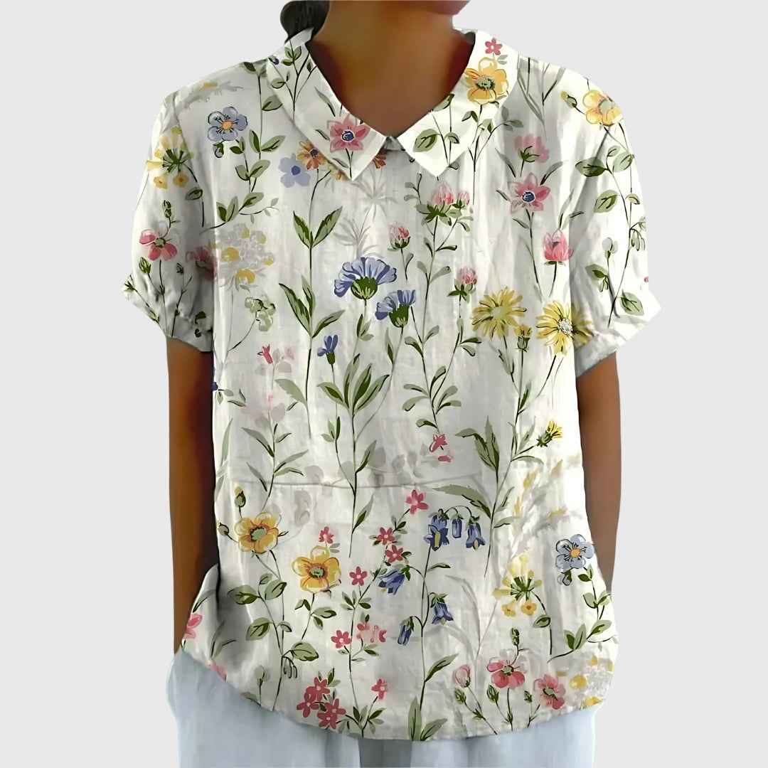 Women's Floral Relaxed Blouse White with Flowers