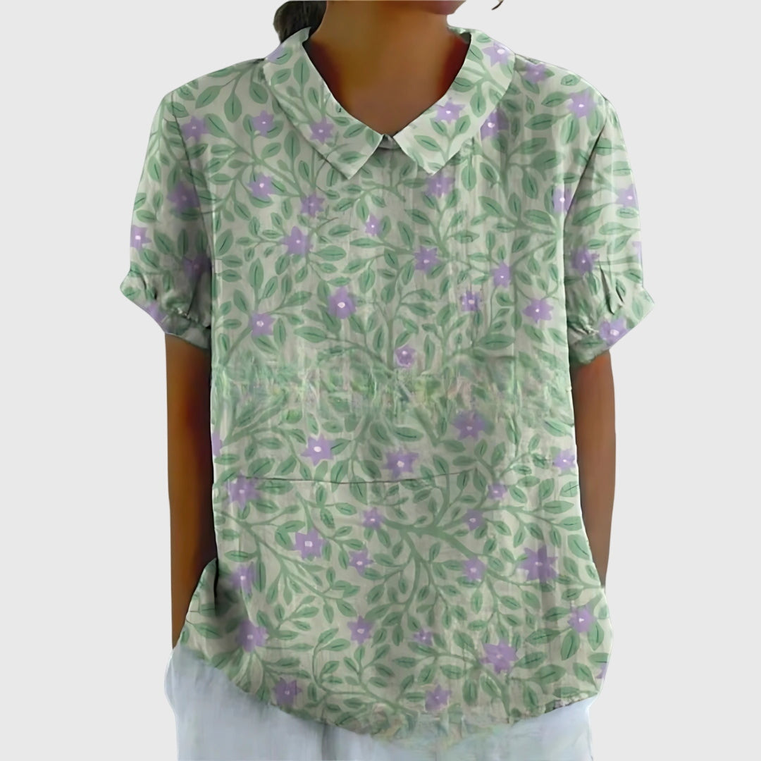 Women's Floral Relaxed Blouse Green with Floral Print