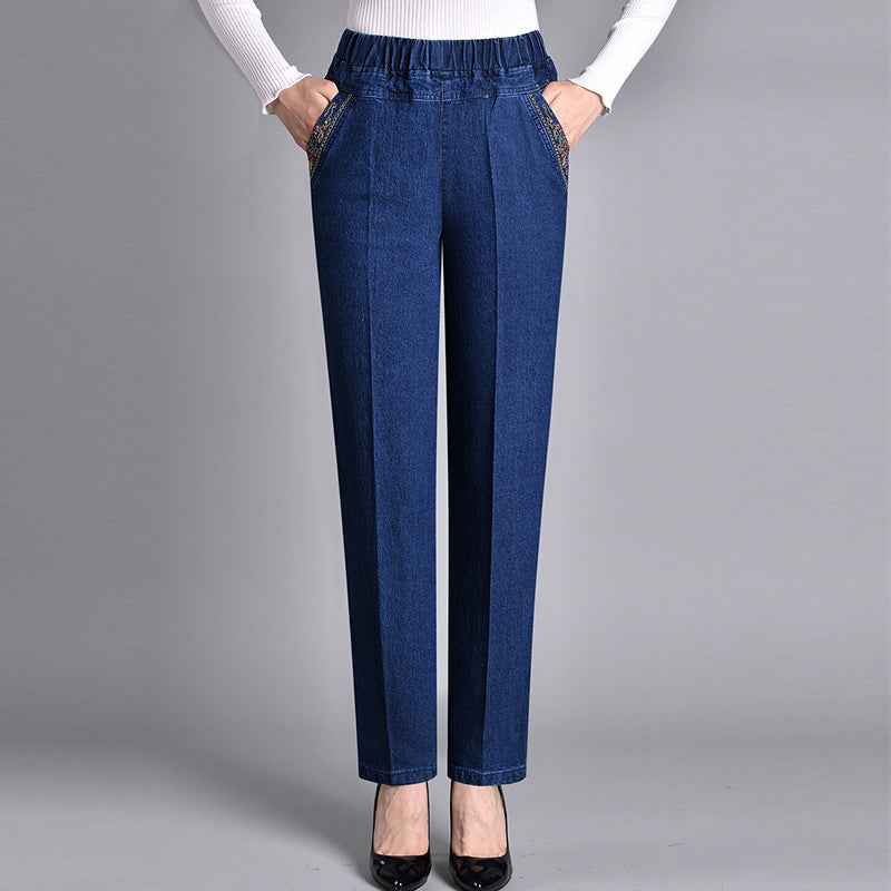 Women's Jeans with Side Pockets and Elastic Waistband Dark blue (Normal thickness)