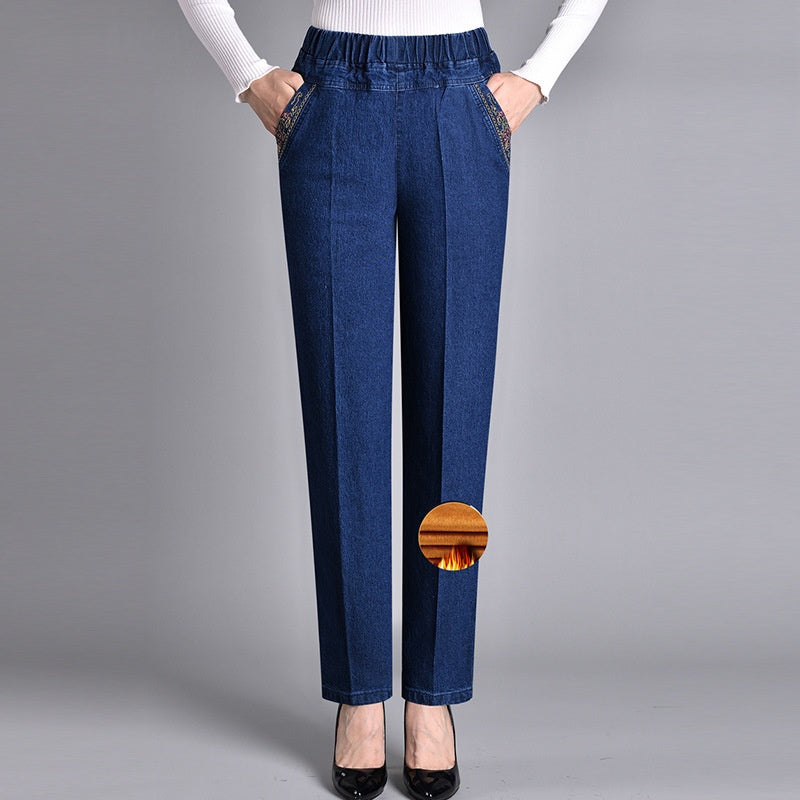 Women's Jeans with Side Pockets and Elastic Waistband Dark blue (Winter thickness)