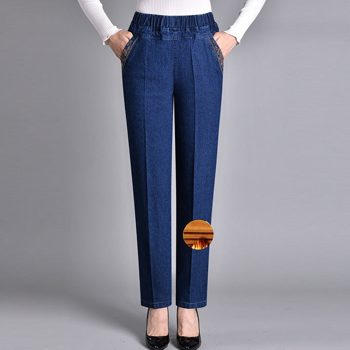 Women's Jeans with Side Pockets and Elastic Waistband Dark blue (Winter thickness)