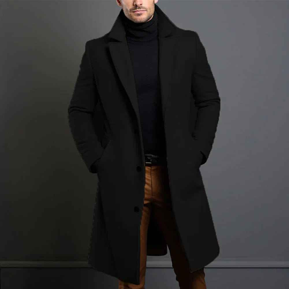 Men's Long Wool Coat with Notch Lapels