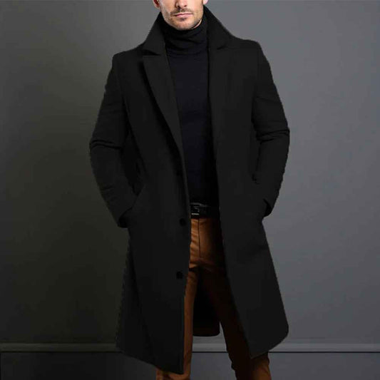 Men's Black Wool Blend Notch Lapel Patch Pocket Long Coat Black
