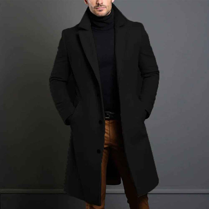 Men's Long Wool Coat with Notch Lapels
