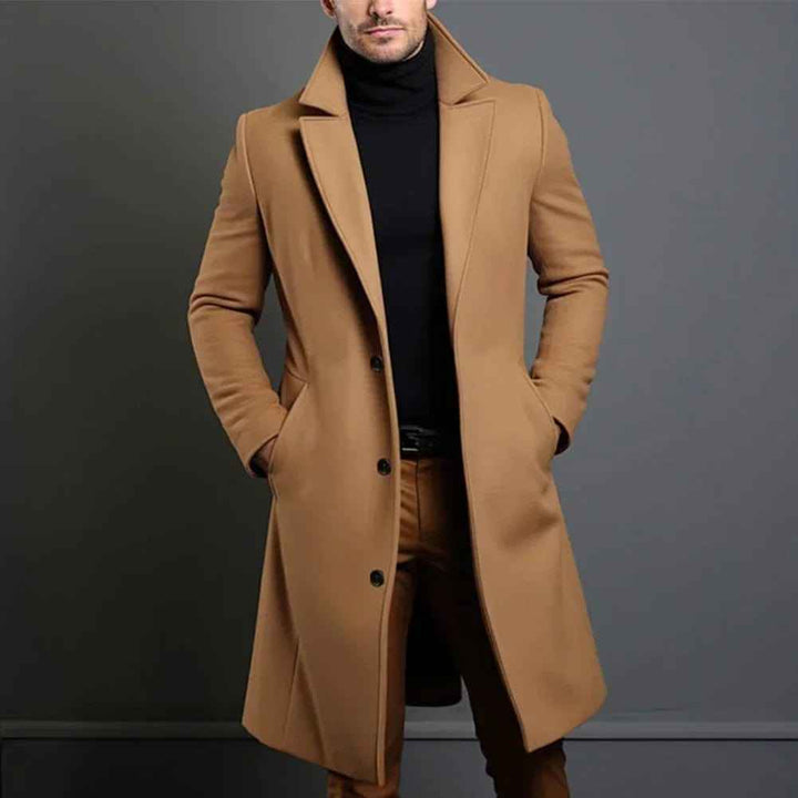 Men's Long Wool Coat with Notch Lapels
