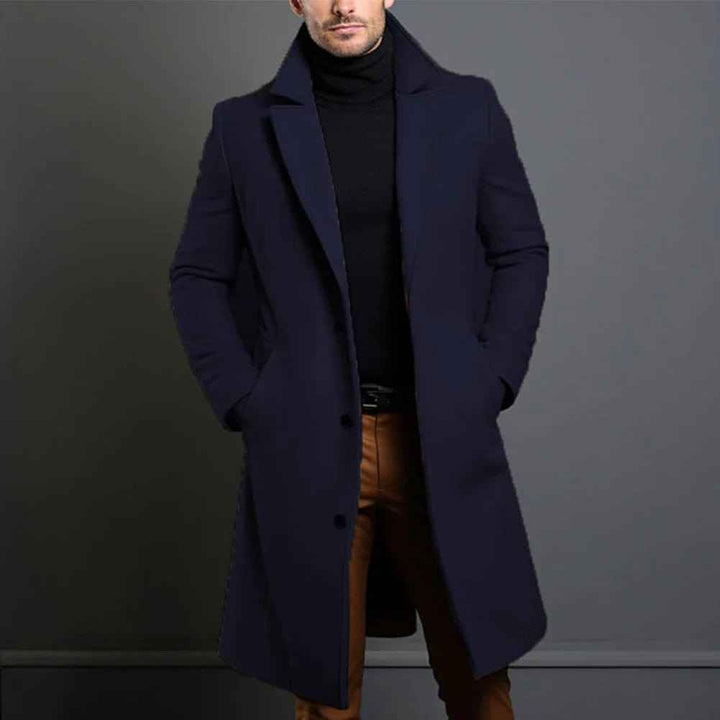 Men's Long Wool Coat with Notch Lapels