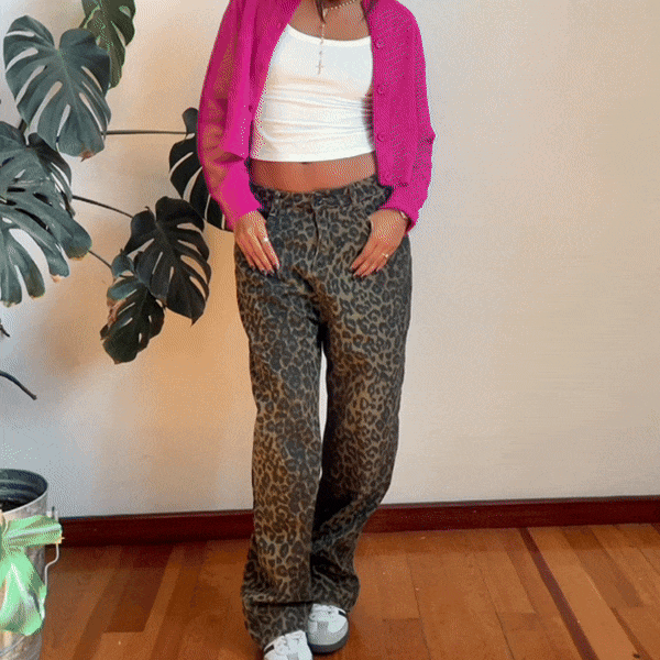 Melyna | Women's High Waist Wide Leg Leopard Print Jeans