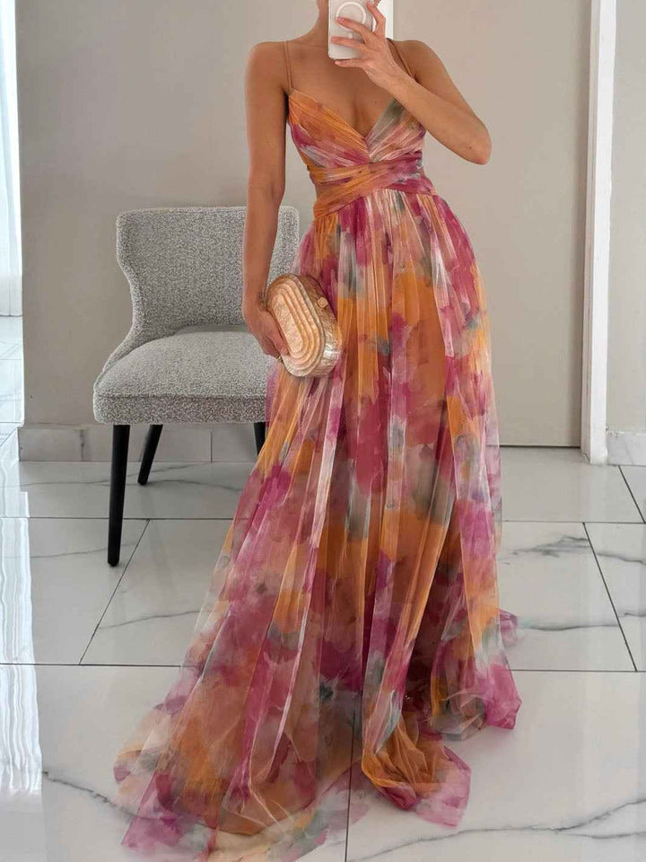 Women's Floral Print V-Neck A-Line Maxi Dress Multicolor