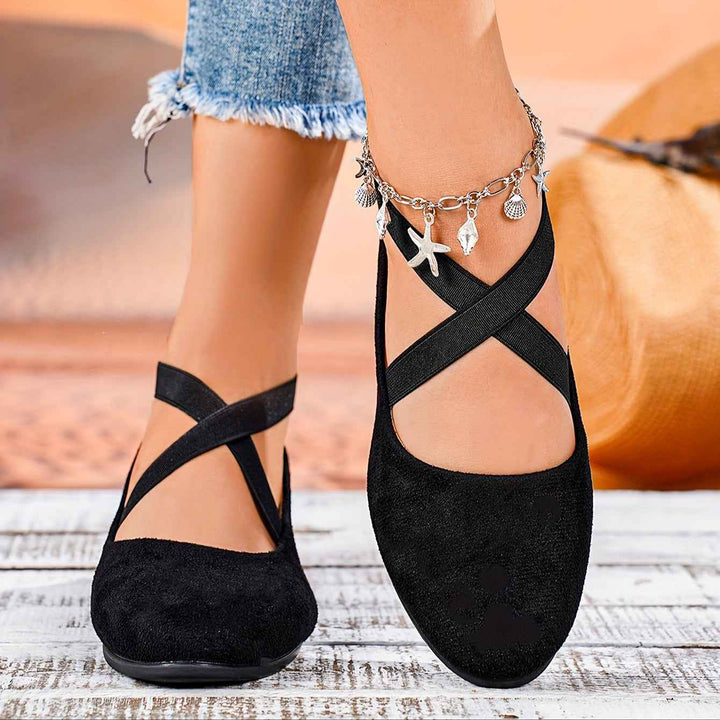 Women's Casual Ballet Flats with Crossed Straps and Round Toe Black
