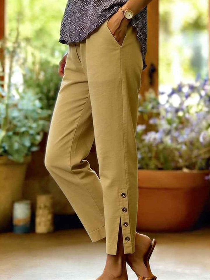 Women's Button Hem Ankle Trousers Khaki