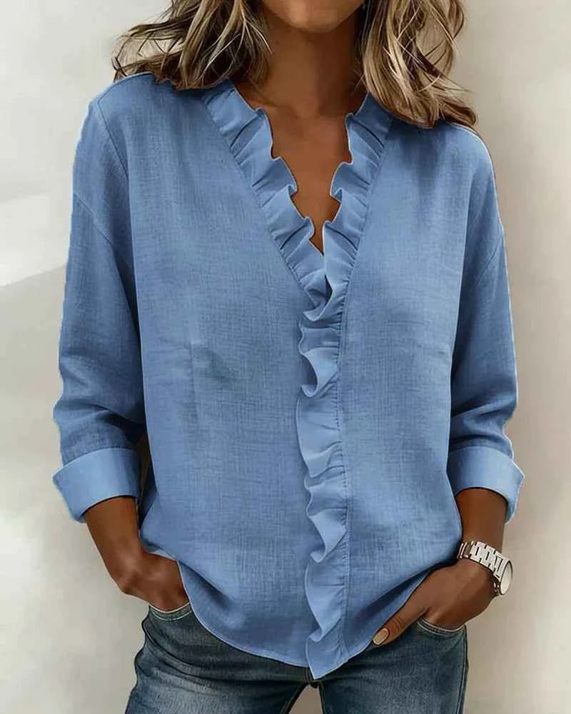 Women's Elegant V-neck Ruffles Blouse Blue