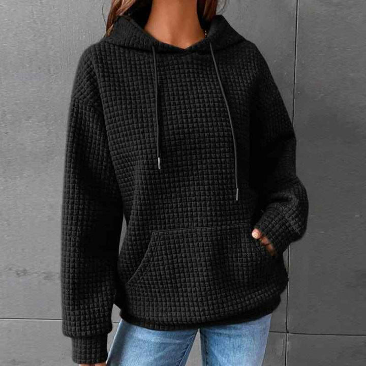 Women's Quilted Hoodie – Relaxed Fit with Drawstring Hood & Kangaroo Pocket Black