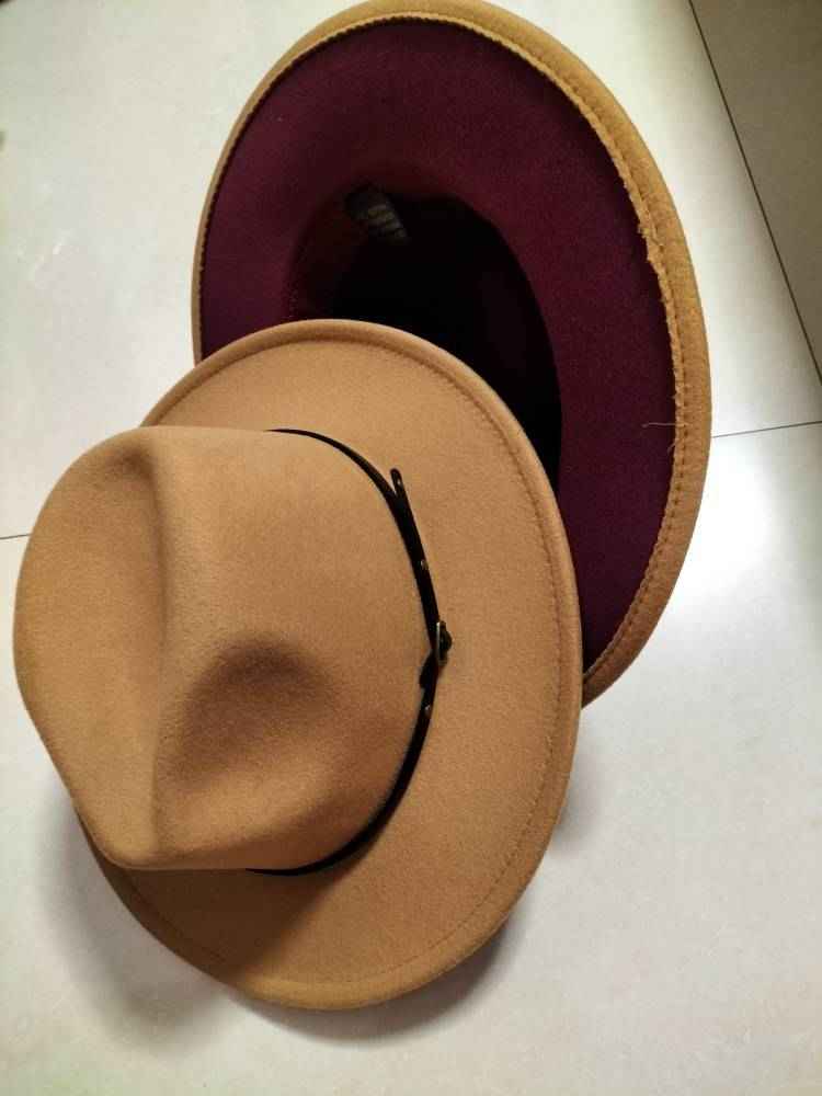 Stylish Color-Block Fedora Hat for Trendy Jazz Lovers Camel inner wine red M