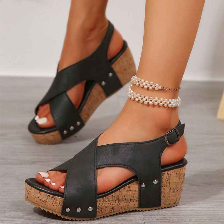 Women's Rivet Wedges Snadals Thick Bottom Fish Mouth Shoes Summer Black