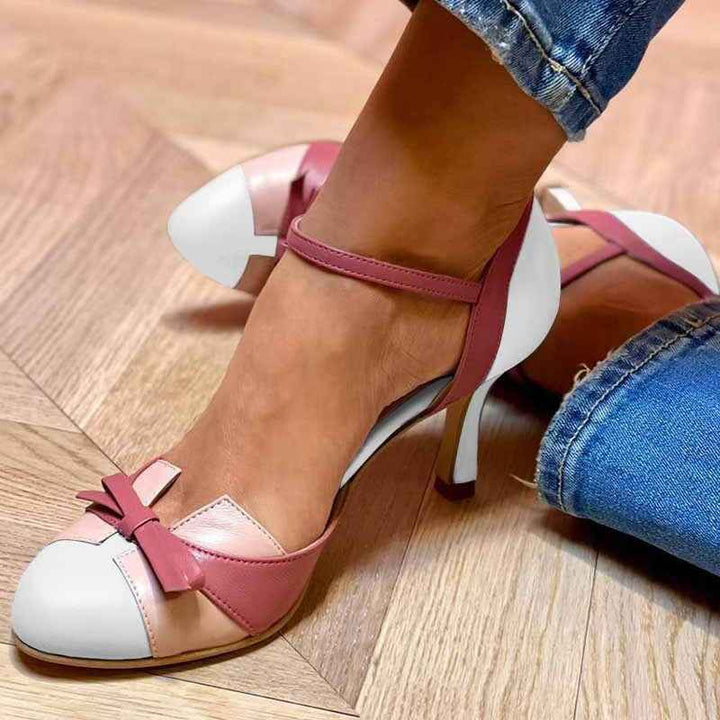 Ins Bow Sandals Summer Color-matching Pointed Toe Buckle High Heels Pumps Women's Shoes White