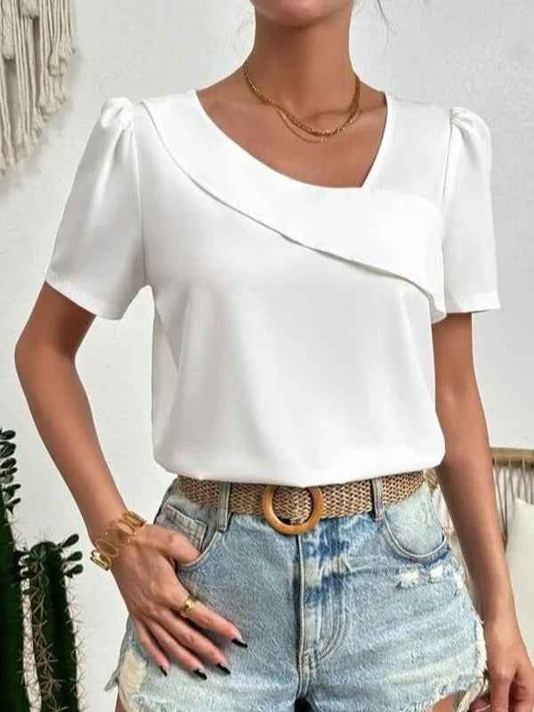 Women's Short Sleeve Asymmetric V-Neck Blouse White