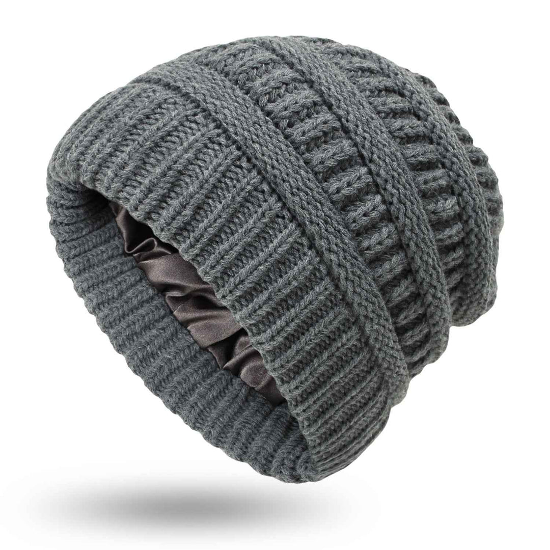 Warm Woolen Knit Satin Hats for Women's Protective Hairstyles Dark flower grey One size