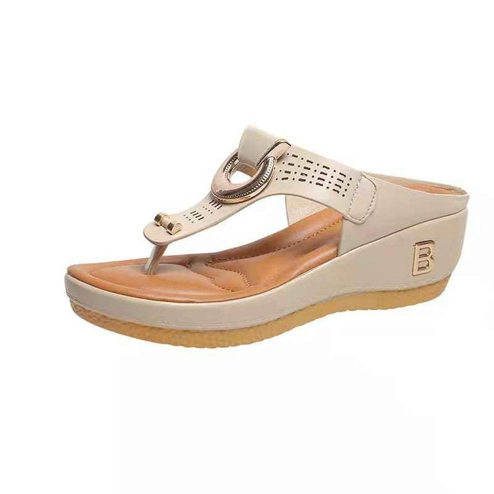 Women's High Heel Wedge Thong Sandals with Metal Accents Offwhite