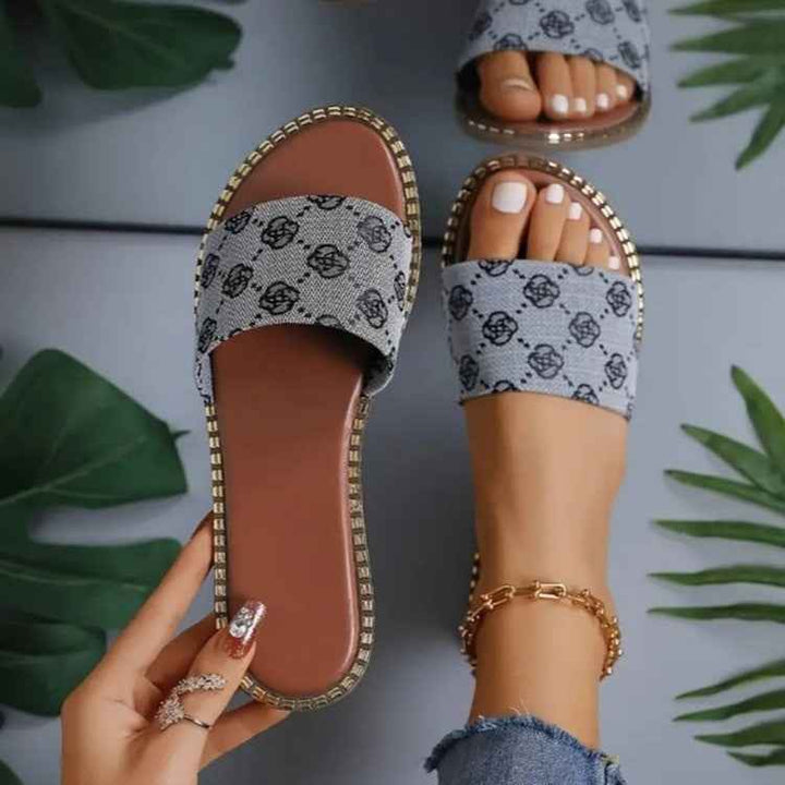 Summer Flower Print Flat Sandals For Women Non-slip Slides Slippers Vacation Casual Beach Shoes Grey