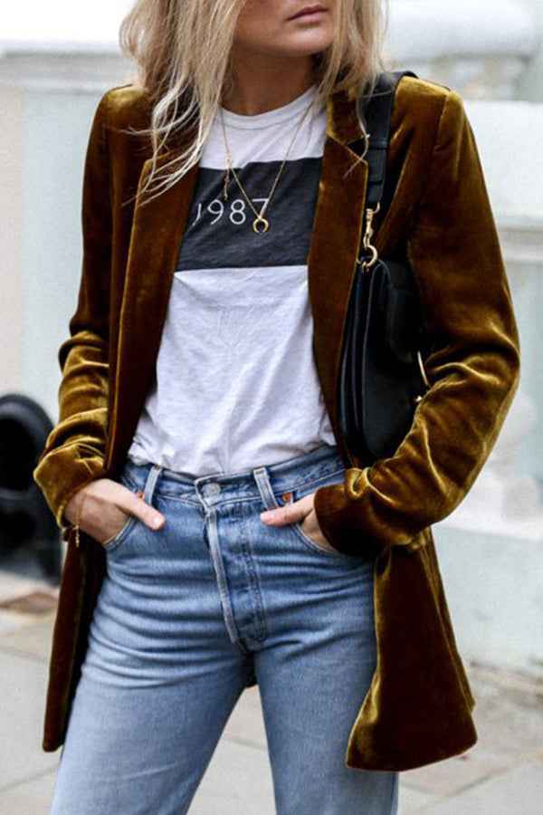 Women's Velvet Blazer - Chic Long Coat for Casual & Elegant Styles Brown