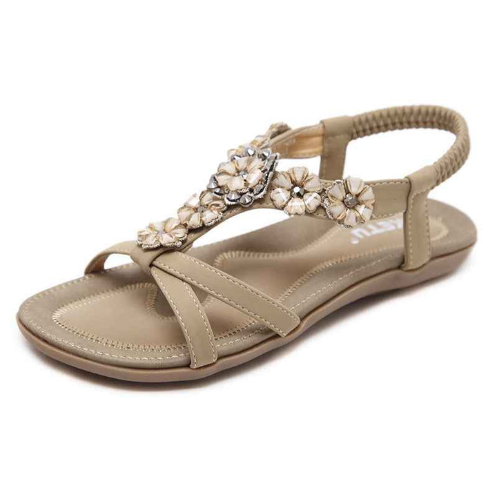 Sandals Women's Bohemian Flowers Rhinestone Flats Beach Shoes Apricot