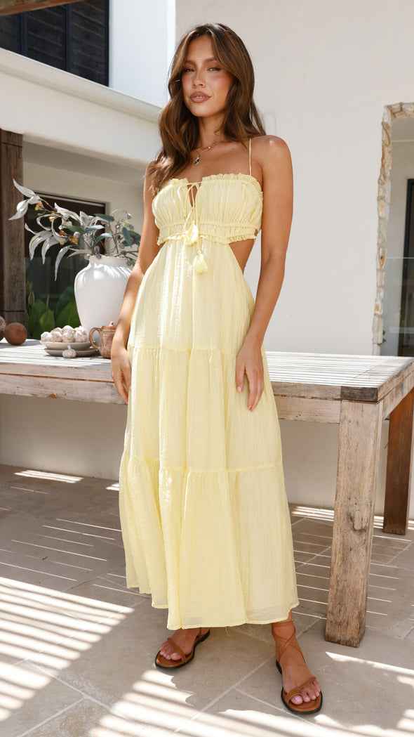 Women's Bohemian Maxi Dress with Spaghetti Straps and Cut-Out Waist