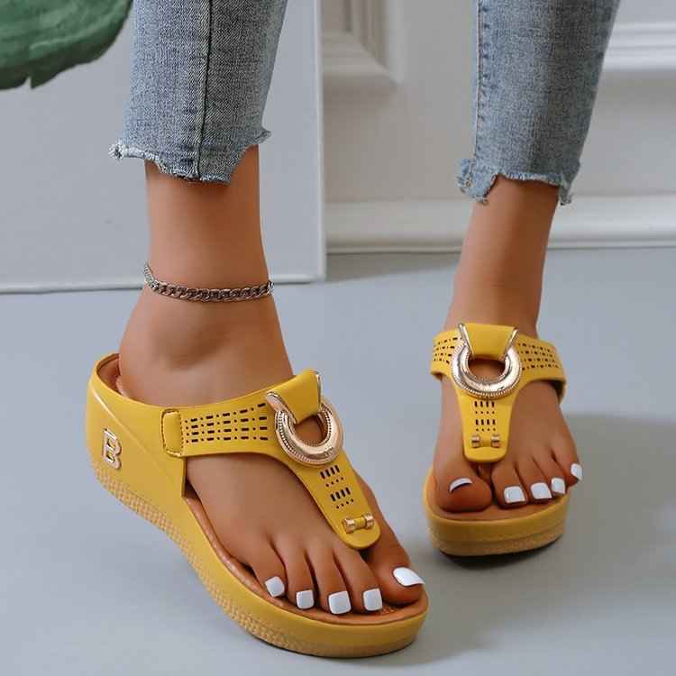 Women's High Heel Wedge Thong Sandals with Metal Accents