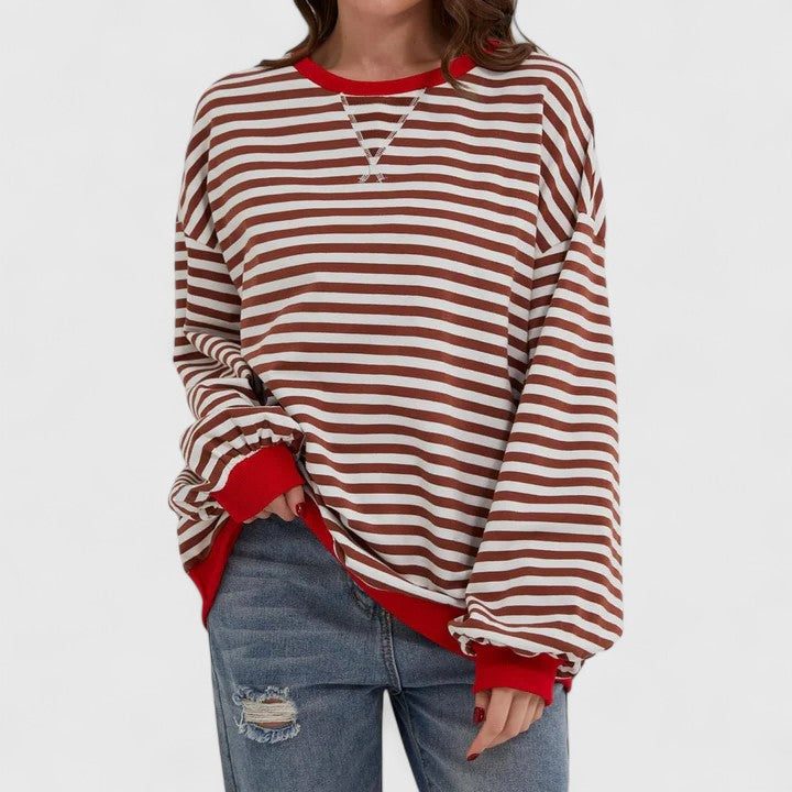Women's Striped Oversized Sweater with Long Sleeves Red