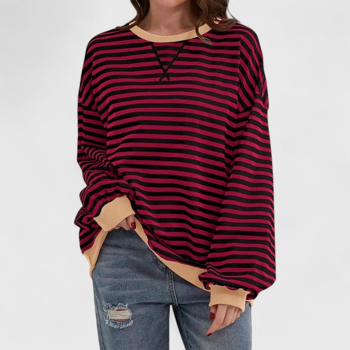 Women's Striped Oversized Sweater with Long Sleeves Red Wine