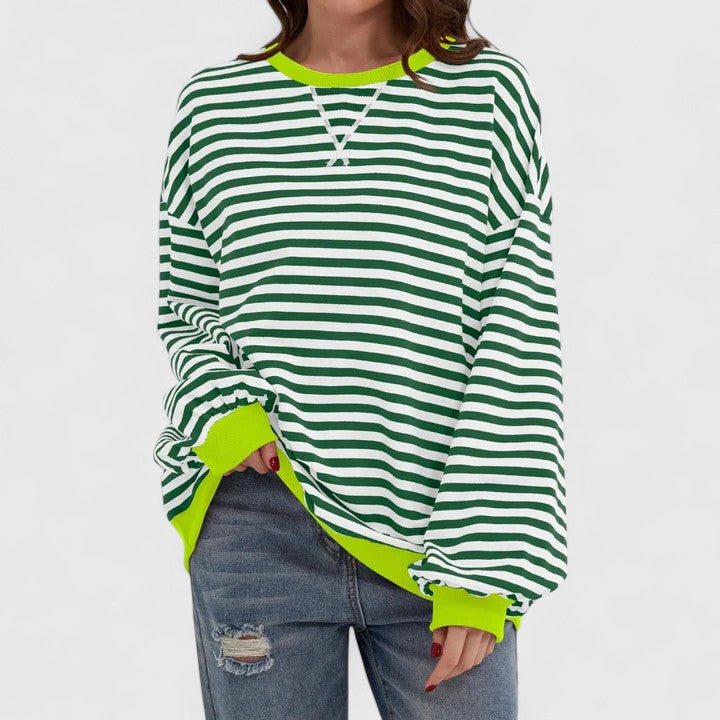 Women's Striped Oversized Sweater with Long Sleeves Dark Green