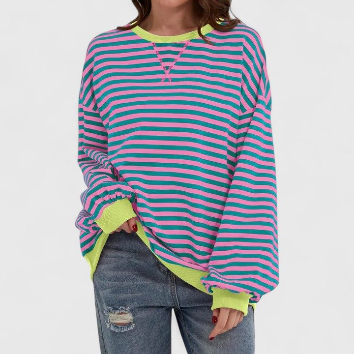 Women's Striped Oversized Sweater with Long Sleeves Pink
