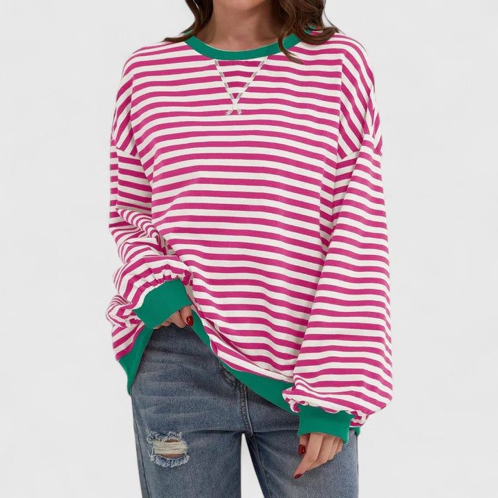 Women's Striped Oversized Sweater with Long Sleeves Pink Red