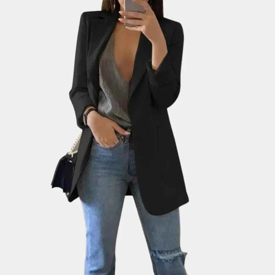 Women's Tailored Mid-Length Blazer - Single-Breasted Classic Style Black