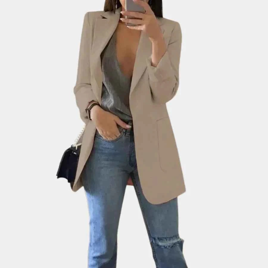 Women's Tailored Mid-Length Blazer - Single-Breasted Classic Style Khaki