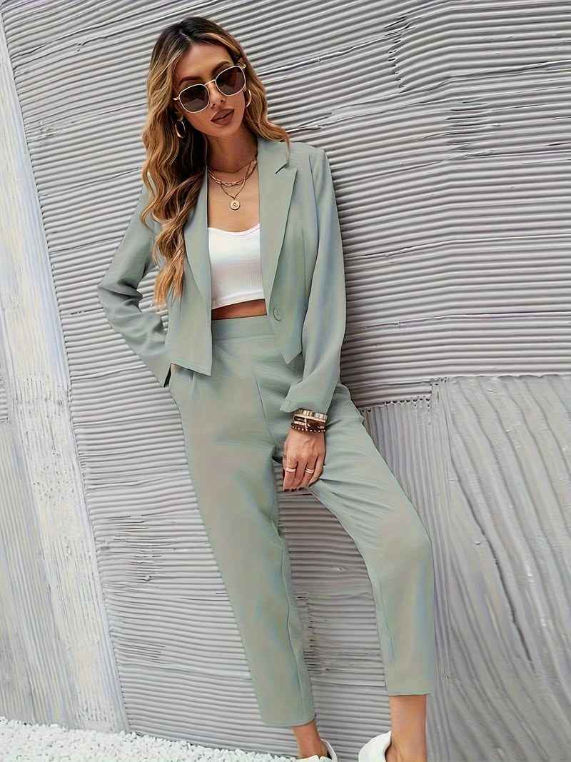 Women's Tailored Blazer Set – Short Blazer & High Waist Slim Fit Pants Green