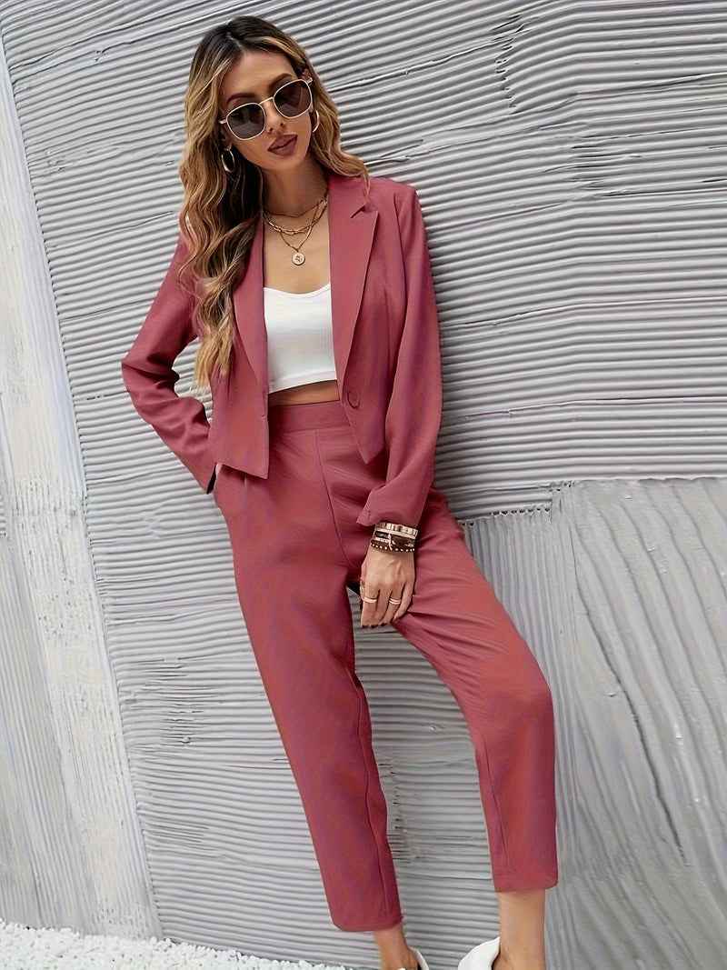 Women's Tailored Blazer Set – Short Blazer & High Waist Slim Fit Pants Red