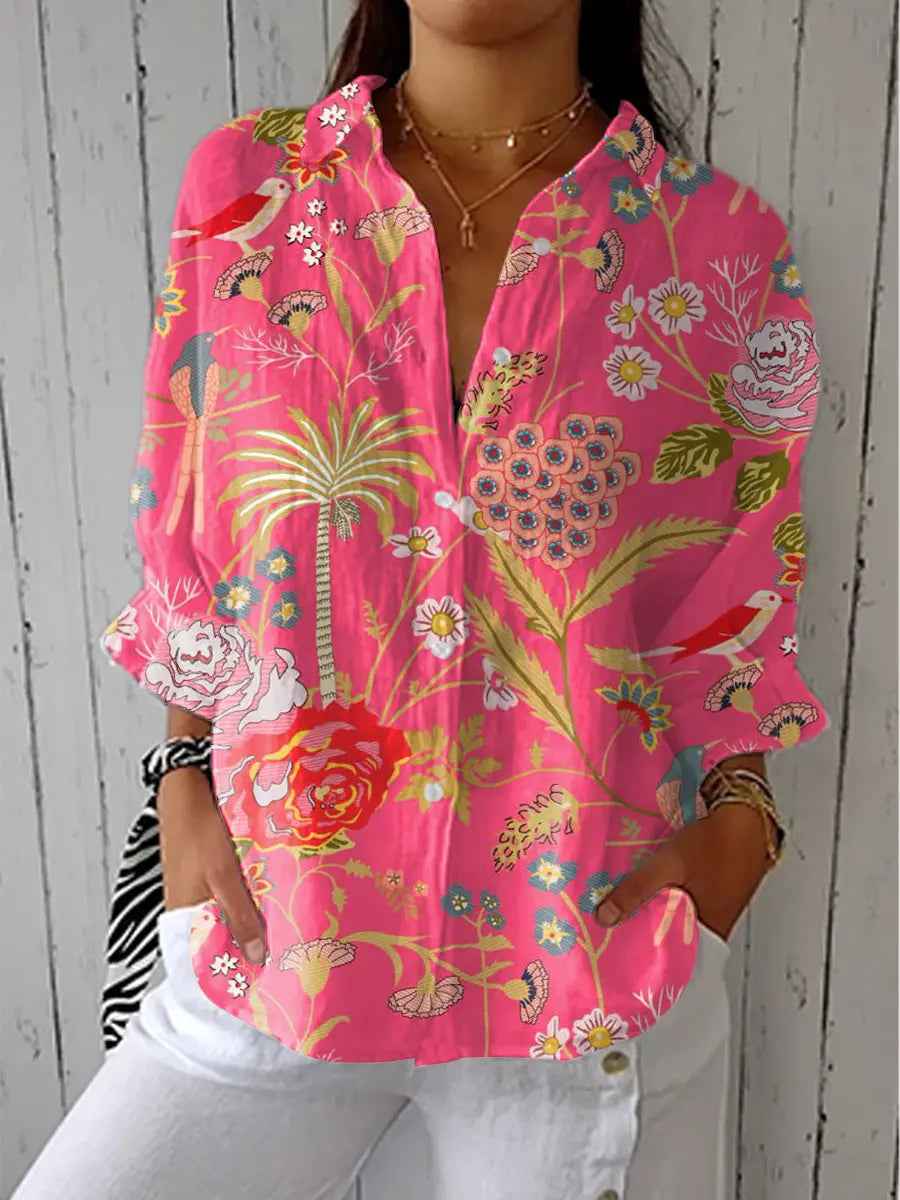 Women's Tropical Print Button-Up Blouse Multicolor