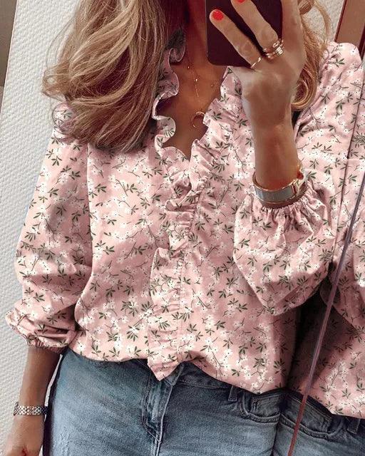 Women's V Neck Blouse with Ruffle Detail Pink