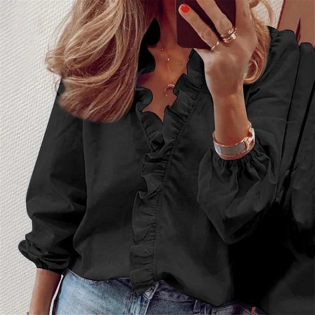 Women's V Neck Blouse with Ruffle Detail Black
