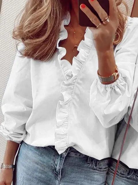 Women's V Neck Blouse with Ruffle Detail White