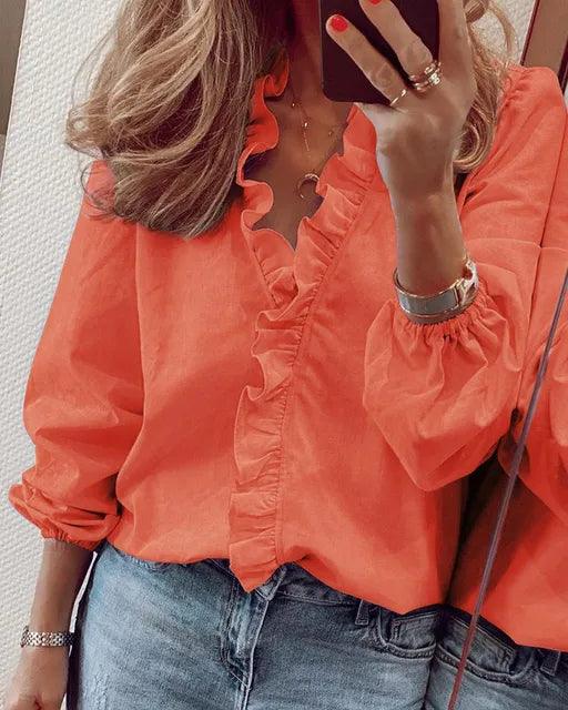 Women's V Neck Blouse with Ruffle Detail Orange