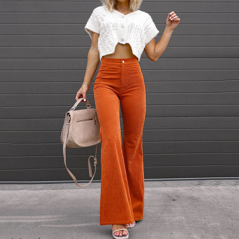 Women's High Waist Corduroy Flared Trousers – Flattering Fit Orange Sunset